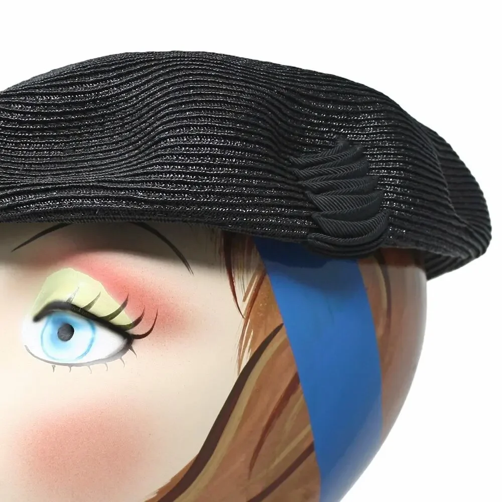 Vintage Black Textured Tilt Hat Bow Accent Cocktail Church Fascinator - Hey Viv - Picture 7 of 8